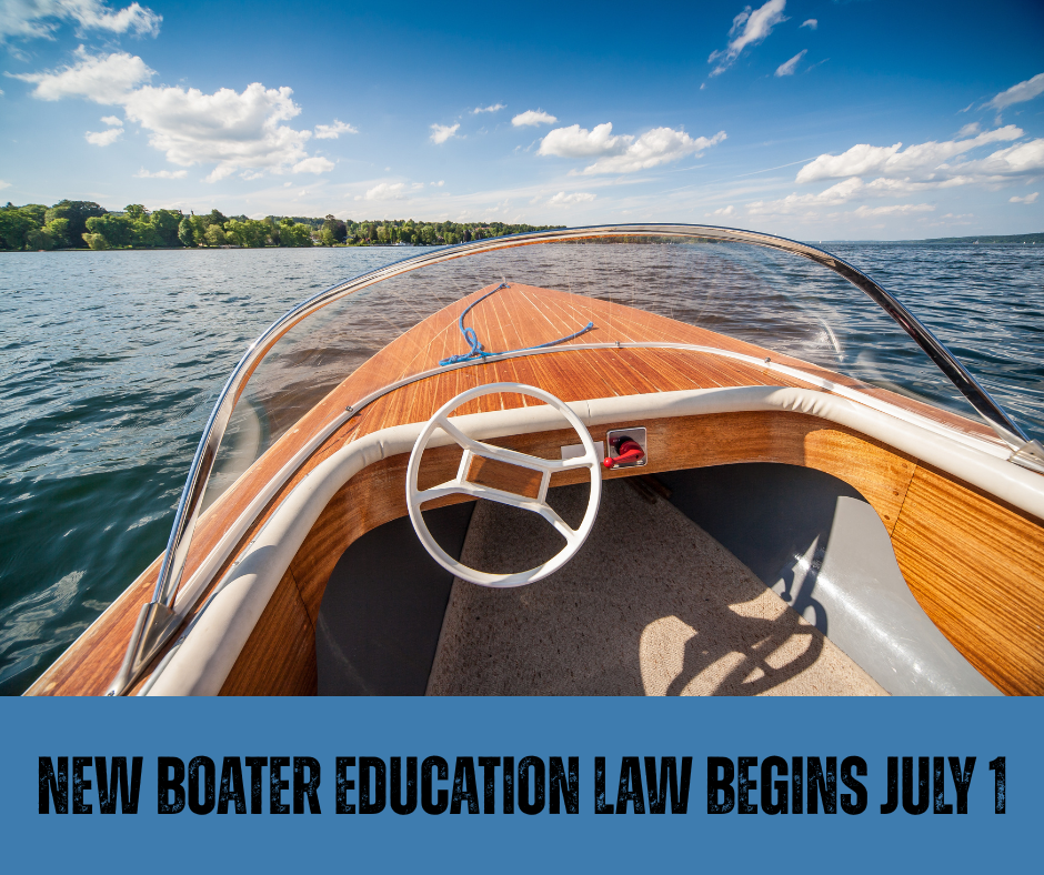 Image of boat on lake with title referencing the new boater education laws beginning July 1 in Minnesota